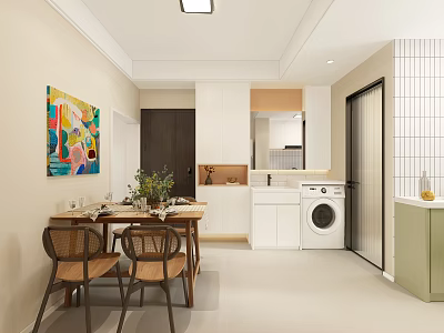 Dining Room With Wooden Dining Table Chairs Colorful Painting And White Kitchen Cabinets 3d model