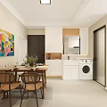 Dining Room With Wooden Dining Table Chairs Colorful Painting And White Kitchen Cabinets