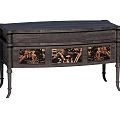 Dark Colored TV Stand With Three Drawers And Artistic Decorative Patterns
