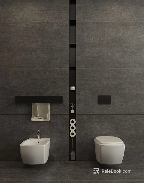 Modern Bathroom With Gray Walls Double Sinks Toilet And Wall Mounted Shelves 3d model 