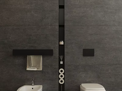 Modern Bathroom With Gray Walls Double Sinks Toilet And Wall Mounted Shelves 3d model