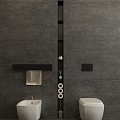 Modern Bathroom With Gray Walls Double Sinks Toilet And Wall Mounted Shelves