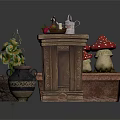 Vintage Interior Cabinet With Basket Apples Mushroom Decorations Flower Pots And Clay Pot