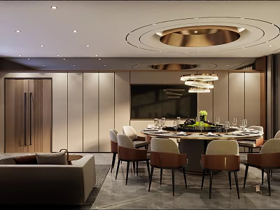Luxury Private Dining Room Interior With Round Table Chairs And Sofa 3d model
