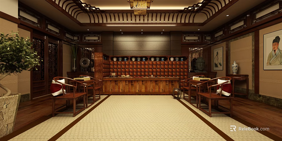 Traditional Chinese Hall Interior With Wooden Furniture Porcelain Display Chandelier And Carpet 3d model 