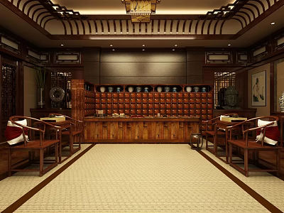 Traditional Chinese Hall Interior With Wooden Furniture Porcelain Display Chandelier And Carpet 3d model