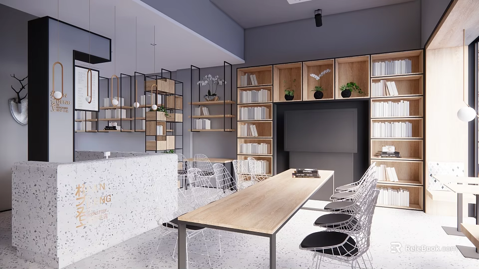 Book Art Inspired Modern Library Space With Wooden Long Table Metal Chairs And Bookshelves 3d model 
