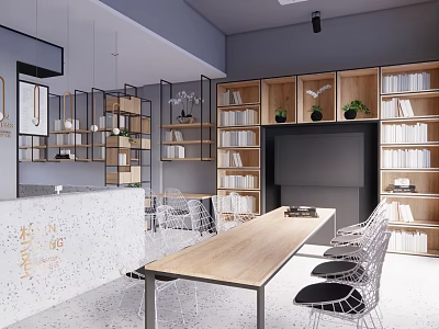 Book Art Inspired Modern Library Space With Wooden Long Table Metal Chairs And Bookshelves 3d model
