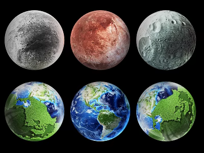 Colorful Moon and Earth Spheres Wall Decor with Detailed Gray Red Green Blue Designs 3d model