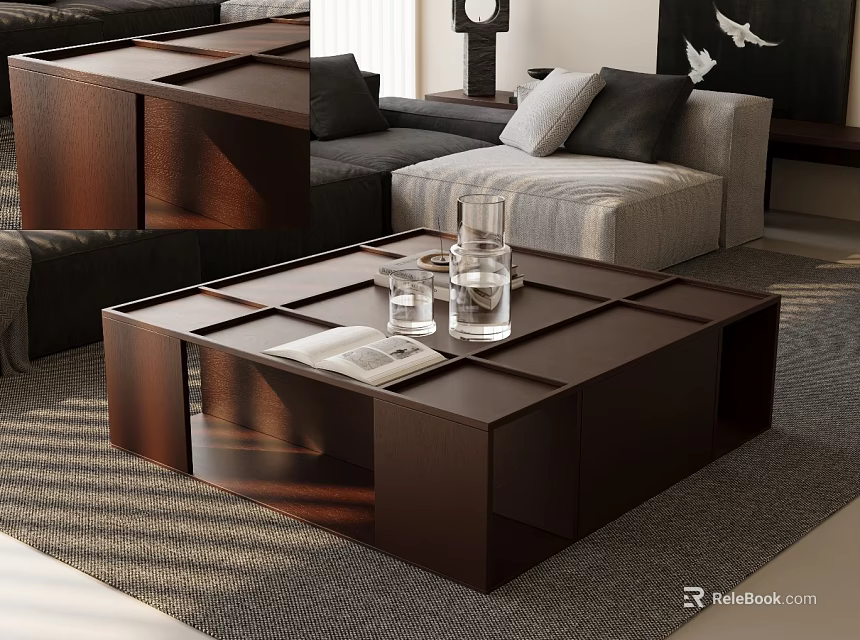 Modern Coffee Table In Living Room With Glasses And Magazine On Wooden Surface Near Sofa 3d model 