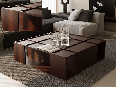 Modern Coffee Table In Living Room With Glasses And Magazine On Wooden Surface Near Sofa 3d model