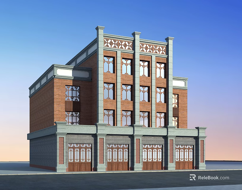 Multi Story Red Brick Building With Ornate Windows And Stone Base Design 3d model
