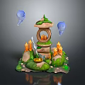 Fantasy Building With Green Platforms Candles Blue Cloud Like Objects Circular Arch And Sword 3d model
