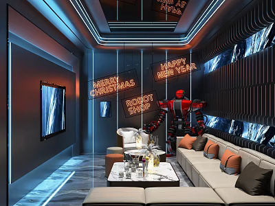 Modern Luxurious KTV Interior With Neon Signs Sofa TV And Red Robot Decor 3d model