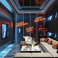 Modern Luxurious KTV Interior With Neon Signs Sofa TV And Red Robot Decor