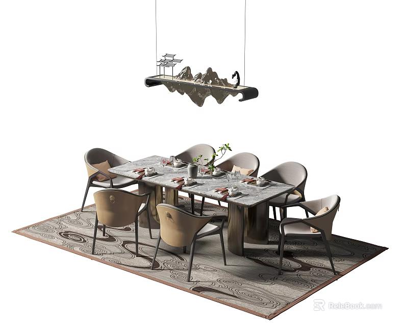 Elegant Modern Dining Table Set With Chairs Pendant Light Rug And Tabletop Plants 3d model