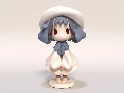 Cute Cartoon Style Doll With Blue Hair White Hat Blue Bow And White Dress 3d model