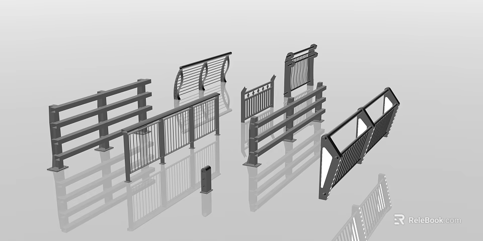 Various Fence And Railing Designs With Horizontal Bars And Vertical Slat Structures 3d model