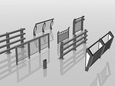 Various Fence And Railing Designs With Horizontal Bars And Vertical Slat Structures 3d model
