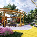 Scenic Park Landscape With Circular Yellow Paths Green Lawn Trees And Flower Beds