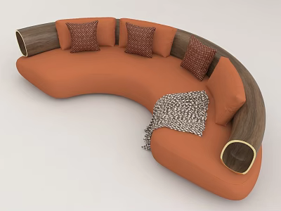 Elegant Orange Curved Sofa With Patterned Cushions Wooden Armrests And Throw Blanket 3d model