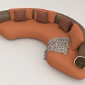 Elegant Orange Curved Sofa With Patterned Cushions Wooden Armrests And Throw Blanket