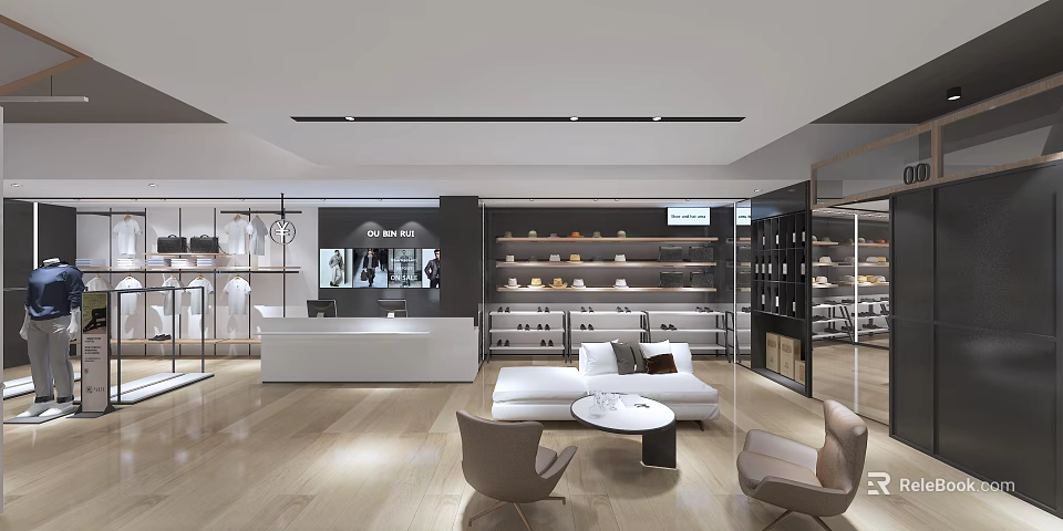 Modern Clothing Store Interior With Display Racks Sofa Armchairs Round Coffee Table And Lighting 3d model 