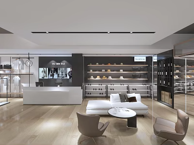 Modern Clothing Store Interior With Display Racks Sofa Armchairs Round Coffee Table And Lighting 3d model