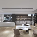 Modern Clothing Store Interior With Display Racks Sofa Armchairs Round Coffee Table And Lighting