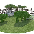 Green Shrub Topiary Sculptures Shaped as Pigs with Wooden Fence and Pine Tree
