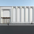 White Storefront With Arched Structures Perforated Design And Pedestrians On Street