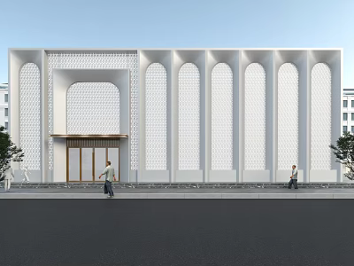 White Storefront With Arched Structures Perforated Design And Pedestrians On Street 3d model