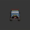 Blue Off Road Vehicle With Red Roof Rack Yellow Lights And Gear Logo