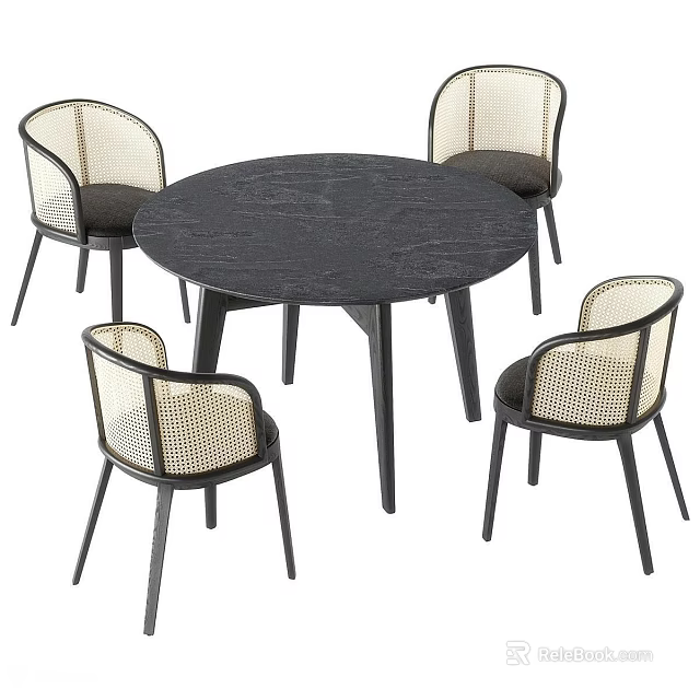 Round Black Wood Dining Table With Four Woven Back Dark Frame Chairs 3d model