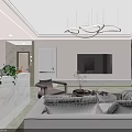 Modern Living And Dining Room Interior With Marble Table Chairs TV Wall And Plants