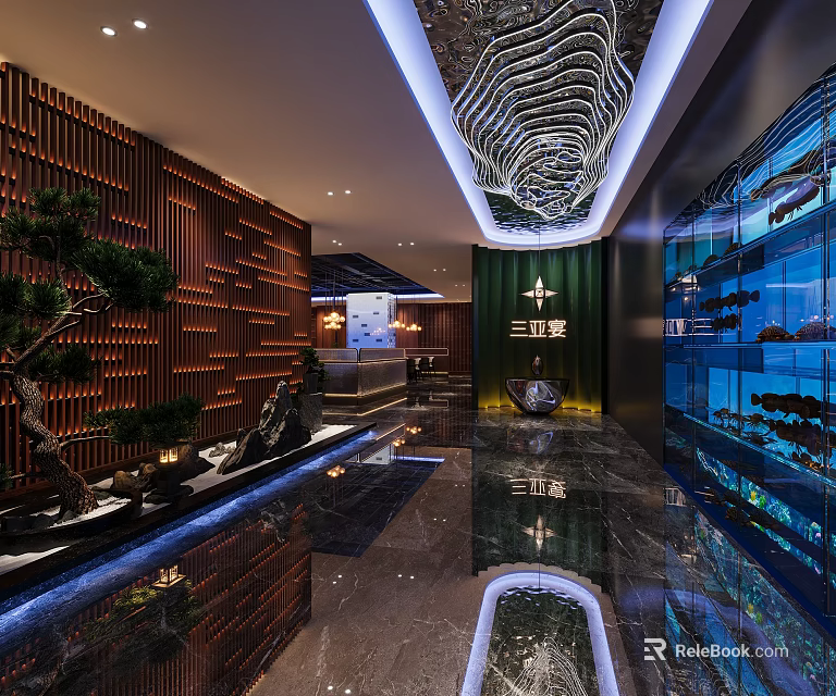 Modern Chinese Restaurant Interior With Wooden Wall Water Features Glass Fish Tank And Decorative Ceiling 3d model 