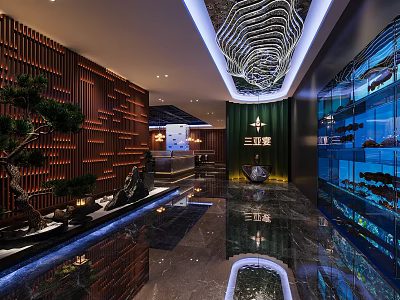 Modern Chinese Restaurant Interior With Wooden Wall Water Features Glass Fish Tank And Decorative Ceiling 3d model