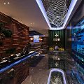 Modern Chinese Restaurant Interior With Wooden Wall Water Features Glass Fish Tank And Decorative Ceiling