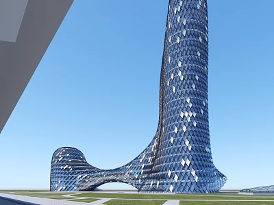 Modern Hotel Building With Unique Curved Glass Facade And Diamond Pattern Design 3d model