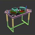Black Household Table With Red Cushions And Storage Items For Daily Use