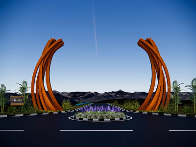 Modern Curved Orange Metal Entrance Gate With Fountain Plants And Mountain View Landscape 3d model