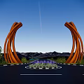 Modern Curved Orange Metal Entrance Gate With Fountain Plants And Mountain View Landscape