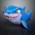Cartoon Blue Shark Stuffed Toy With Big Eyes Sharp Teeth Red Ring On Nose Figure