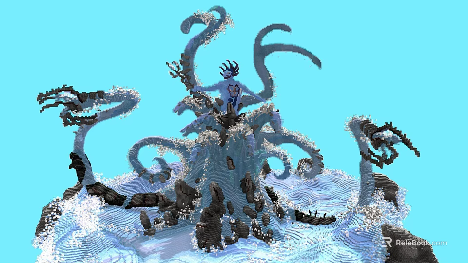 Fantasy Mythical Creature With Curved Tentacles Rocks And Waves On Blue Background 3d model 
