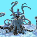Fantasy Mythical Creature With Curved Tentacles Rocks And Waves On Blue Background