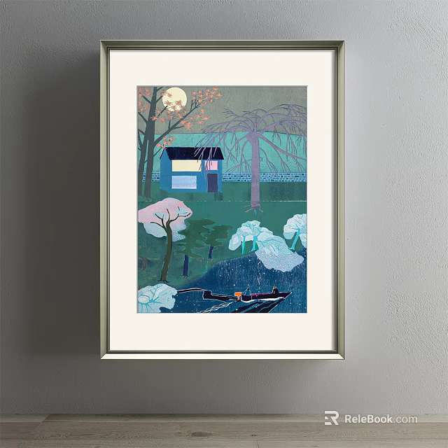 Serene Landscape Painting With Full Moon Cherry Blossom Tree Willow And Rowboat On Calm Water 3d model 