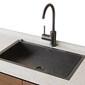 Black Kitchen Sink With Modern Faucet And Drainer Rack On Quartz Countertop