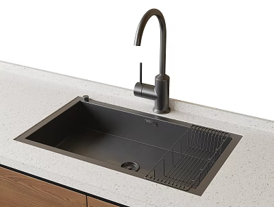 Black Kitchen Sink With Modern Faucet And Drainer Rack On Quartz Countertop 3d model