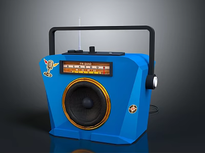 Blue Vintage Radio With Black Handle And Front Speaker Controls 3d model