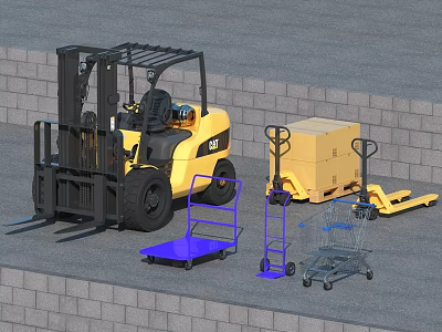 Forklift and Handling Equipment in Warehouse with Pallet Truck Shopping Cart and Cardboard Boxes 3d model